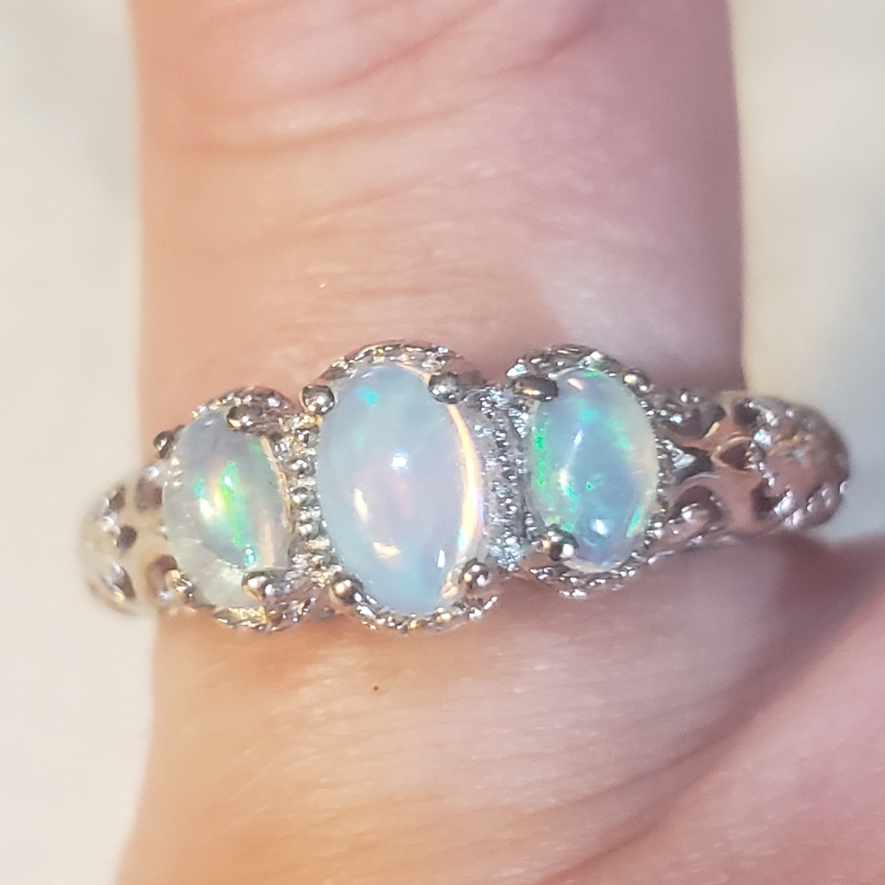 SOLDPremium Ethiopian Welo Opal Trilogy Ring Platinum over Sterling Silver - Picture 4 of 6